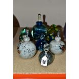 SEVEN PIECES OF MDINA GLASS, comprising a triangular scent bottle, two spherical scent bottles,