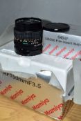A MAMIYA SEKOR 55MM f2.8 LENS in a tatty 150mm Mamiya lens box and a boxed 645AF 120/220 film insert