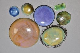 SIX RUSKIN ENAMELS, two mounted in Sterling silver mounts, with four unmounted Ruskin enamels,