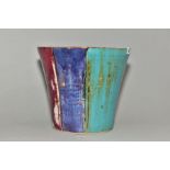 A DARTINGTON POTTERY CONICAL JARDINIERE, decorated with wide vertical bands of turquoise, blue and