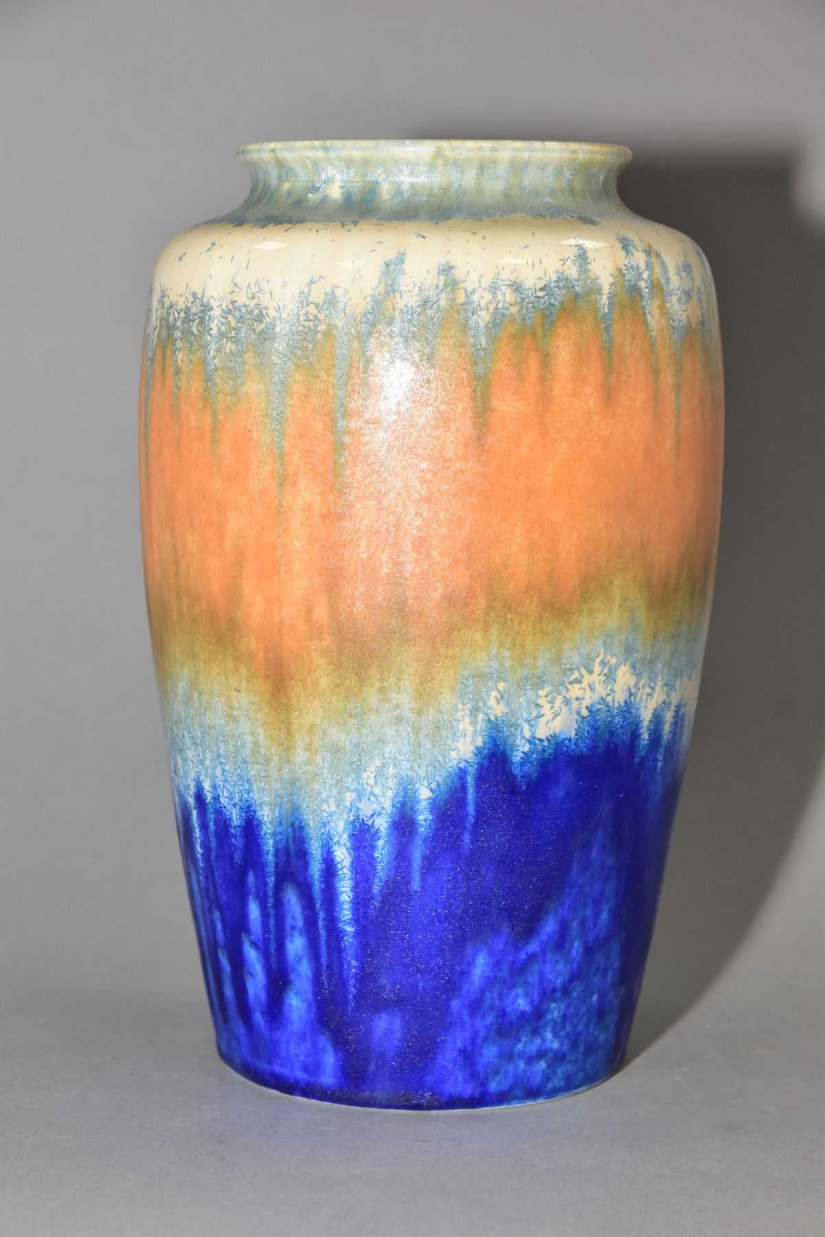 RUSKIN POTTERY, a 261 shape vase of high shouldered form, having green, orange and blue