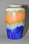 RUSKIN POTTERY, a 261 shape vase of high shouldered form, having green, orange and blue