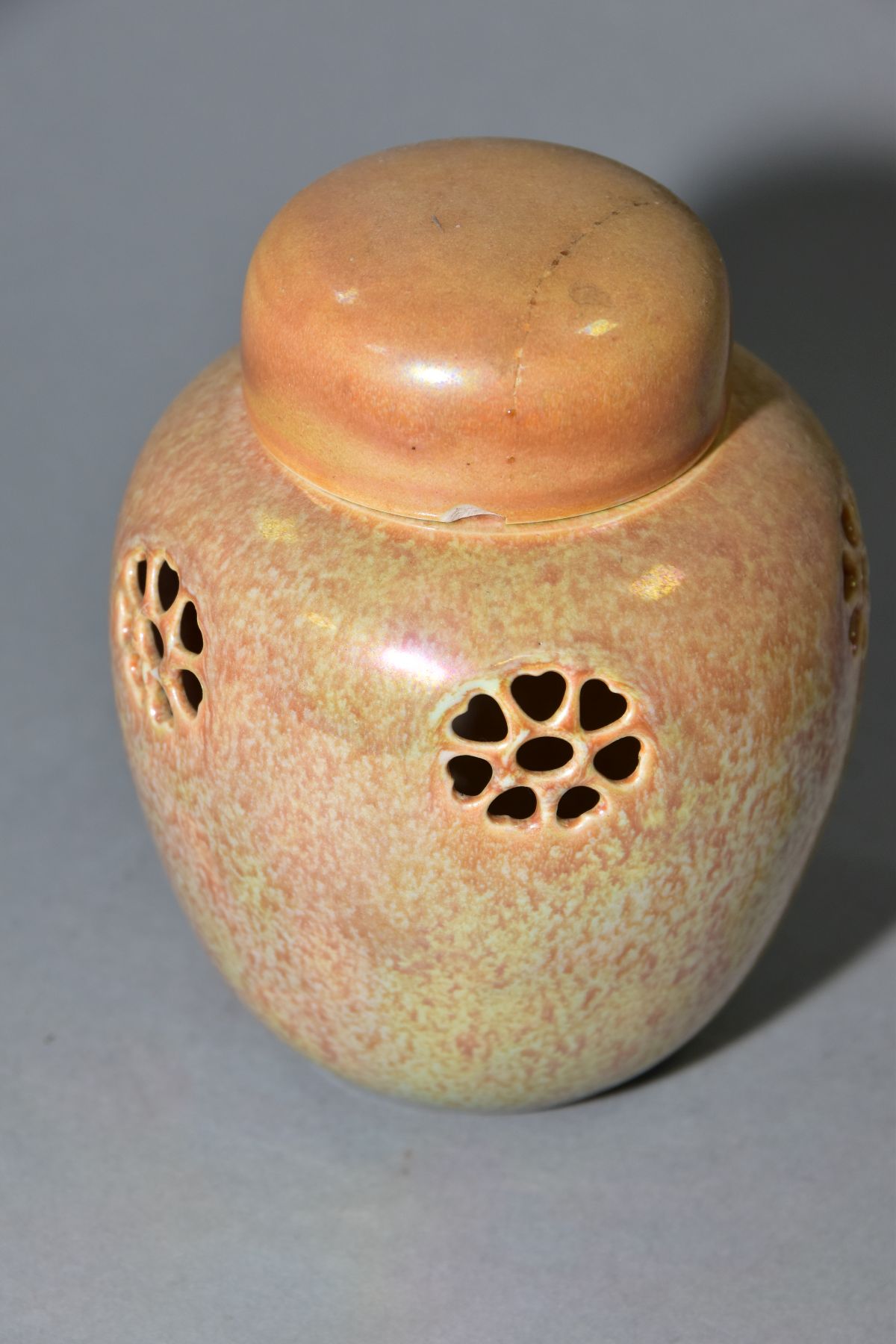 RUSKIN POTTERY, a peach lustre reticulated ginger/pot pourri jar with cover, the body pierced with - Image 2 of 6