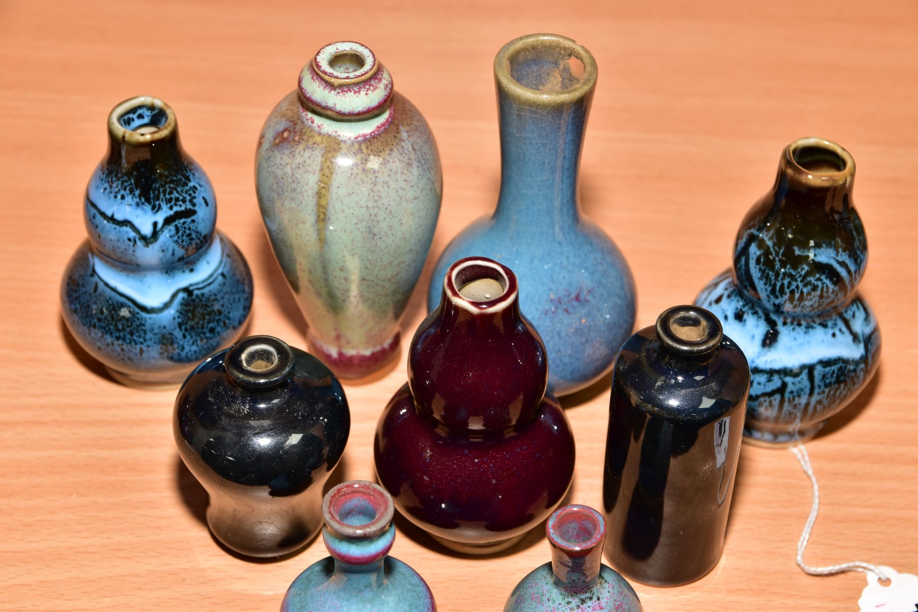 NINE MINIATURE CHINESE STYLE VASES, shapes include Meiping, double gourd and baluster, mottled, - Image 3 of 4