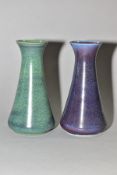 TWO COBRIDGE STONEWARE CONICAL VASES WITH FLARED RIMS, both with high fired glazes, one in