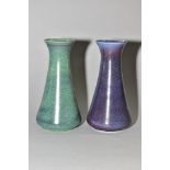 TWO COBRIDGE STONEWARE CONICAL VASES WITH FLARED RIMS, both with high fired glazes, one in