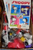 A BOX OF MCDONALDS SNOOPY/PEANUTS 50 CELEBRATION HAPPY MEAL TOYS, ETC, comprising twelve Snoopy toys