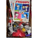 A BOX OF MCDONALDS SNOOPY/PEANUTS 50 CELEBRATION HAPPY MEAL TOYS, ETC, comprising twelve Snoopy toys