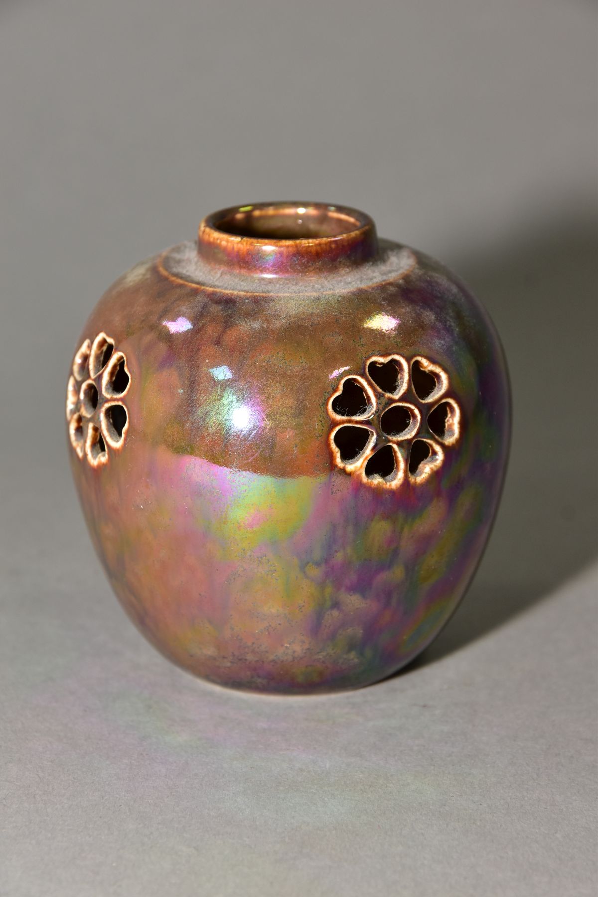 RUSKIN POTTERY, a brown lustre reticulated ginger/pot pourri jar, missing lid, the body pierced with - Image 2 of 5