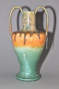 RUSKIN POTTERY, a number 9 shape twin handled vase, crystalline matt and gloss glazes, signed W.