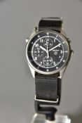 A SEIKO CHRONOGRAPH WRISTWATCH, ref 7T27-7A20, circular black dial with circled P, Arabic