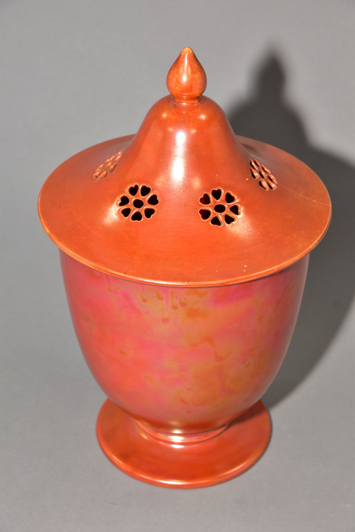 RUSKIN POTTERY, a large orange lustre pot pourri jar with cover, the jar has a ringed foot, - Image 2 of 9