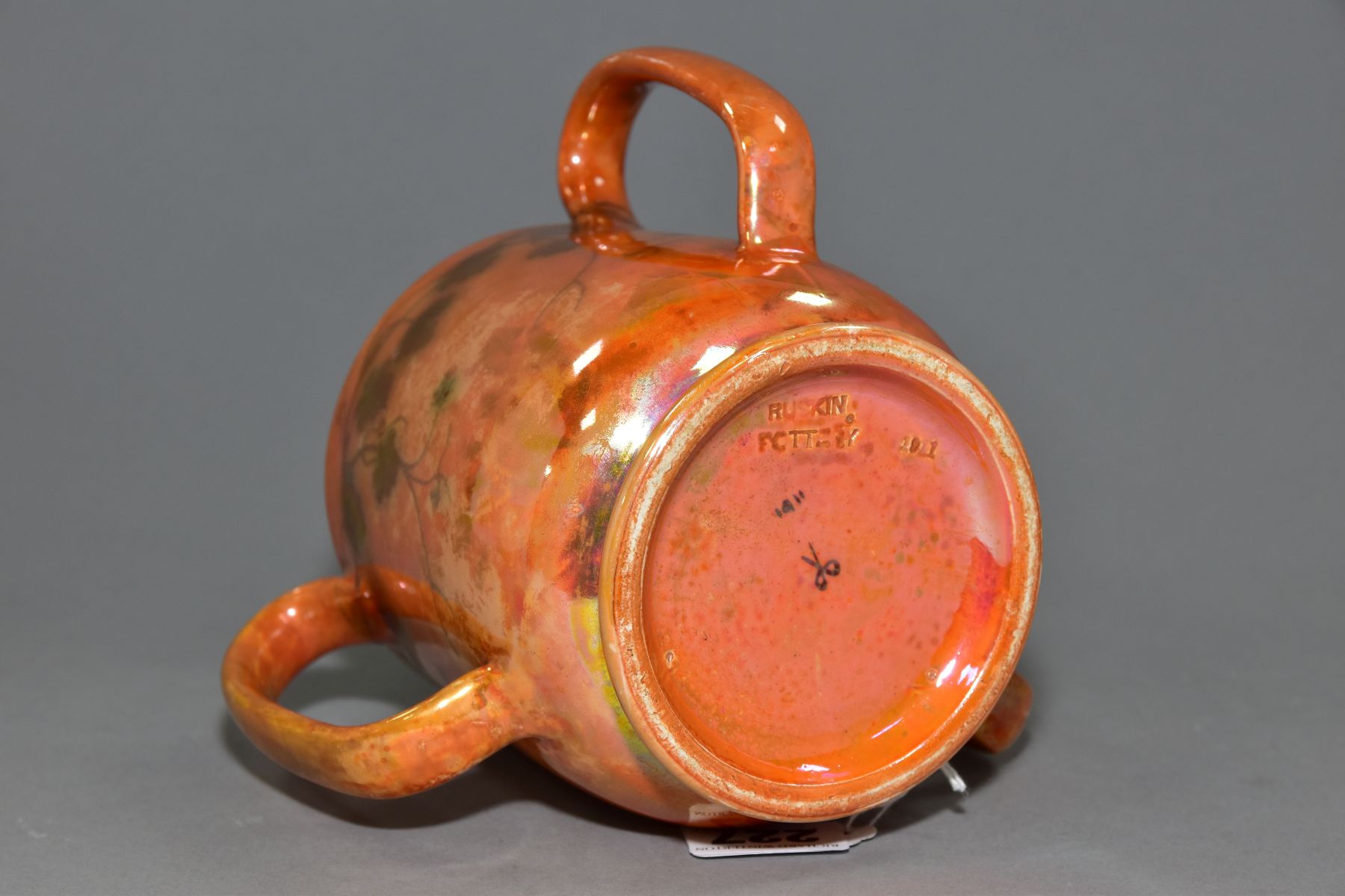 RUSKIN POTTERY, a three handled tyg decorated in orange lustre with a band of underglazed foliate - Image 5 of 5