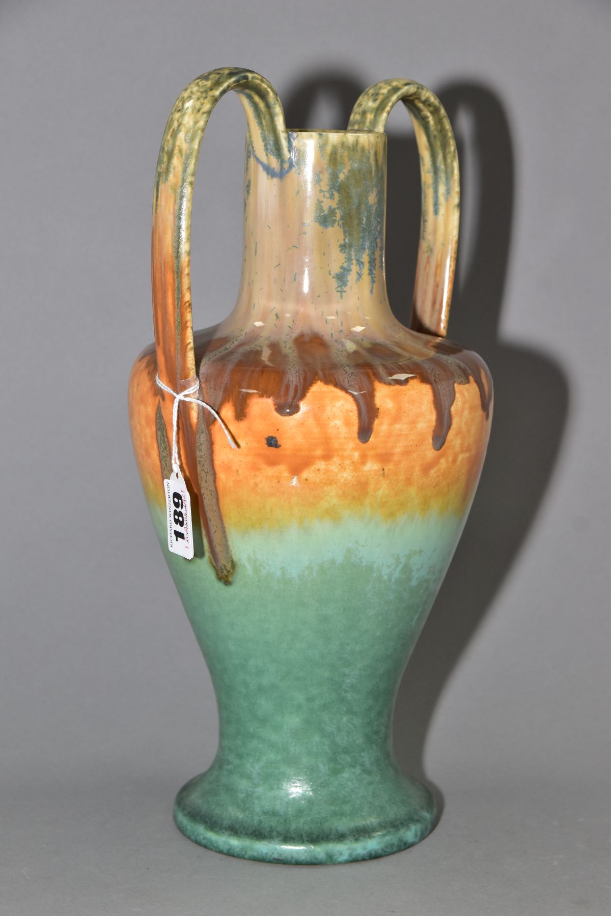 RUSKIN POTTERY, a number 9 shape twin handled vase, crystalline matt and gloss glazes, signed W. - Image 3 of 5