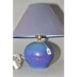 A DARTINGTON POTTERY TABLE LAMP, of globular form, with a high fired mottled blue glaze, impressed