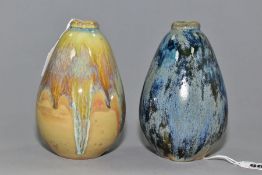 TWO SEVRES STUDIO POTTERY VASES of swollen ovoid form, mottled and streaked glazes, indistinct