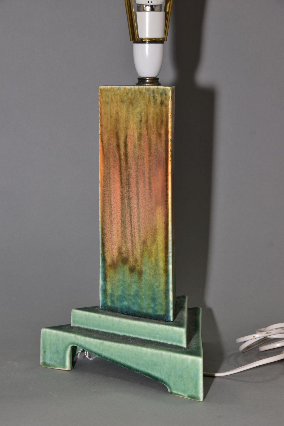 RUSKIN POTTERY, a triangular section moulded lamp base, matt green and orange gloss crystalline - Image 4 of 7