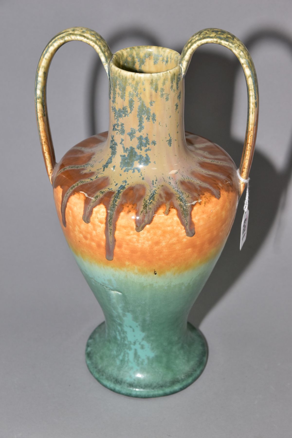 RUSKIN POTTERY, a number 9 shape twin handled vase, crystalline matt and gloss glazes, signed W. - Image 2 of 5