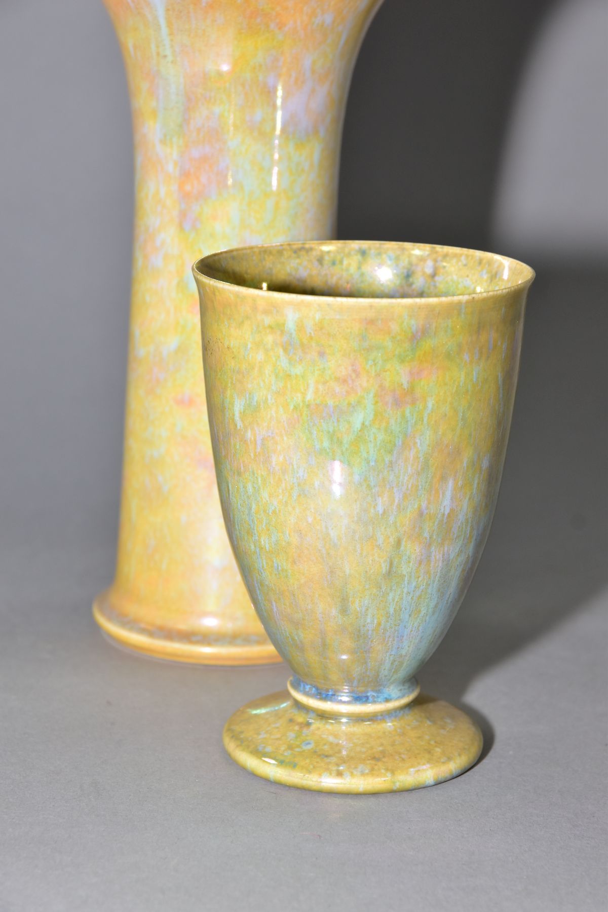 RUSKIN POTTERY, a mottled yellow lustre vase of cylindrical form with flared rim, impressed Ruskin - Image 2 of 6