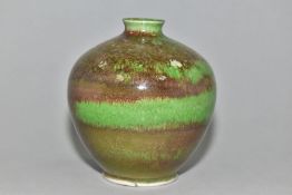 A COBRIDGE STONEWARE HIGH FIRED OVOID VASE, mottled brown/green ground with lighter green bands,