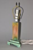RUSKIN POTTERY, a triangular section moulded lamp base, matt green and orange gloss crystalline
