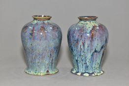 A PAIR OF COBRIDGE STONEWARE HIGH FIRED BALUSTER VASES WITH FLARED FOOTRIMS, mottled and speckled