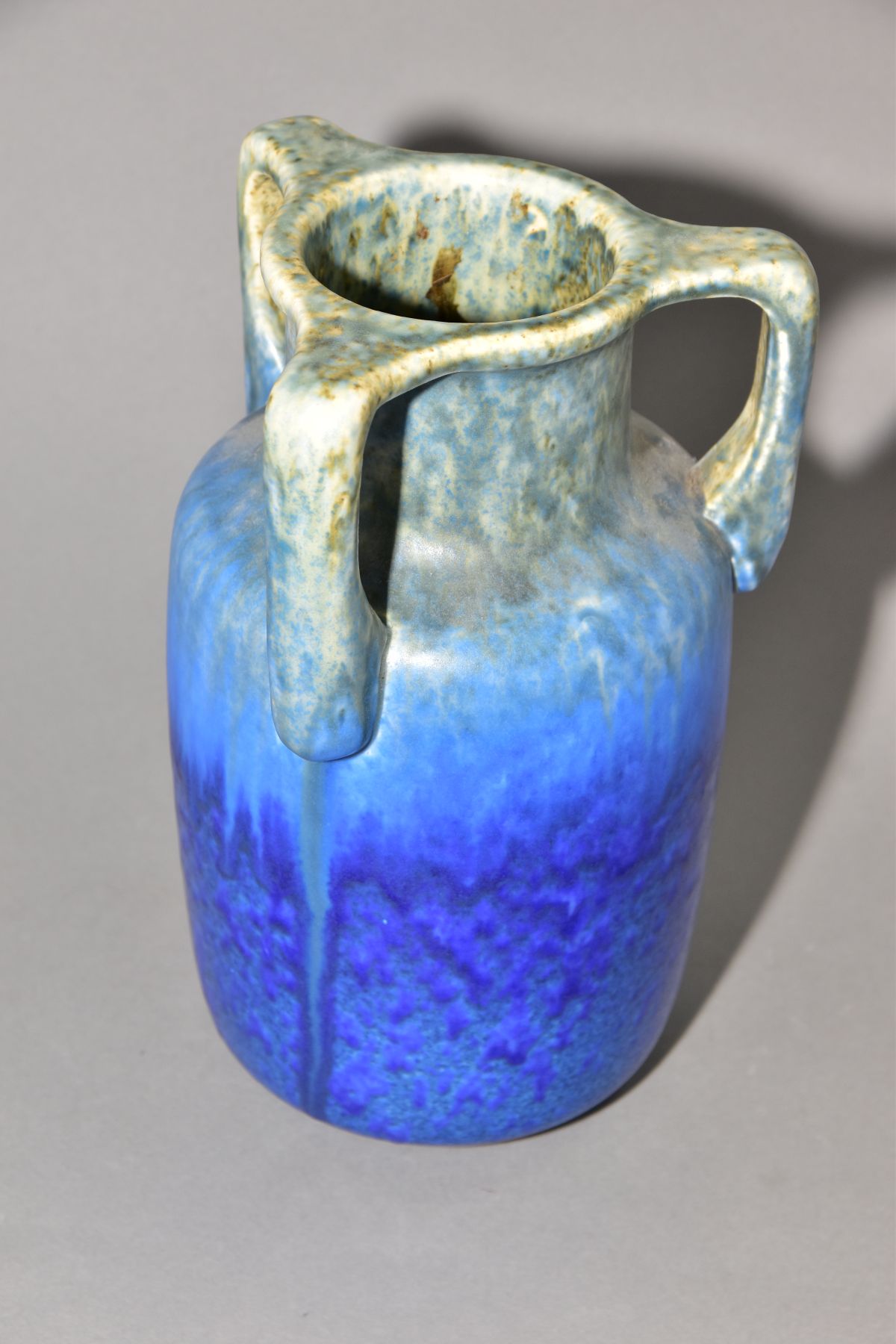 RUSKIN POTTERY, a three handled bottle shaped vase, mottled green fading to blue glaze, inscribed W. - Image 2 of 6