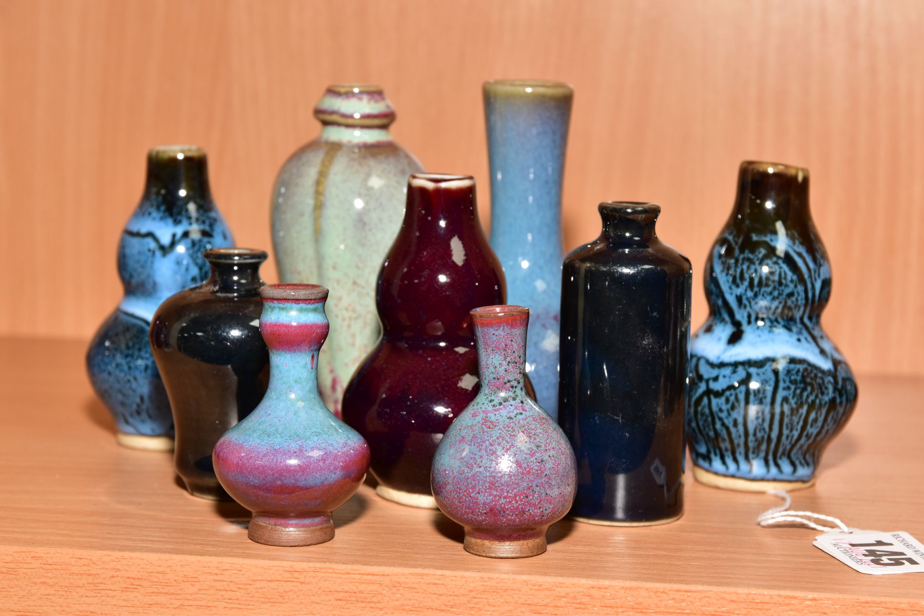 NINE MINIATURE CHINESE STYLE VASES, shapes include Meiping, double gourd and baluster, mottled, - Image 2 of 4