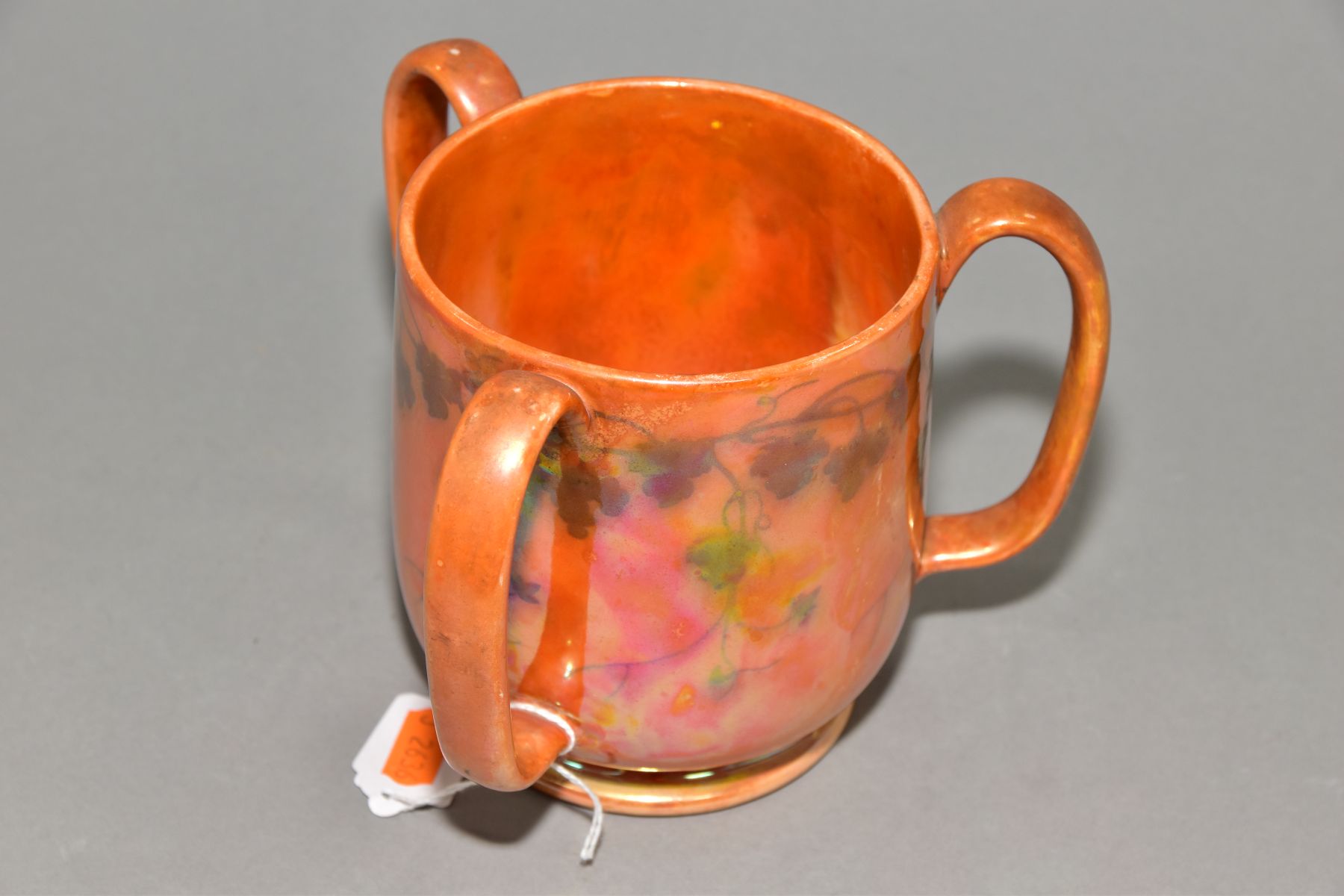 RUSKIN POTTERY, a three handled tyg decorated in orange lustre with a band of underglazed foliate - Image 3 of 5