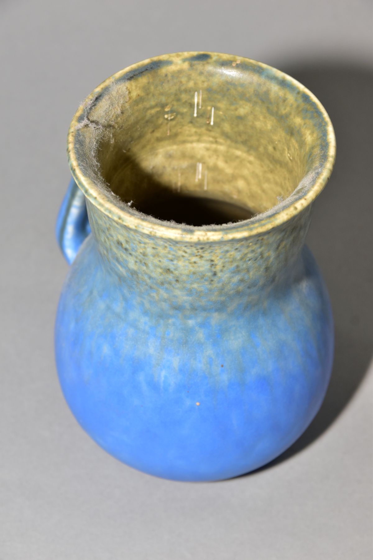 RUSKIN POTTERY, a blue jug of globular to cylindrical form, no spout formed at the rim, impressed - Image 4 of 5