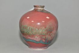 A COBRIDGE STONEWARE HIGH FIRED OVOID VASE, mottled green/blue glaze over a purple/red ground,