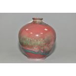 A COBRIDGE STONEWARE HIGH FIRED OVOID VASE, mottled green/blue glaze over a purple/red ground,