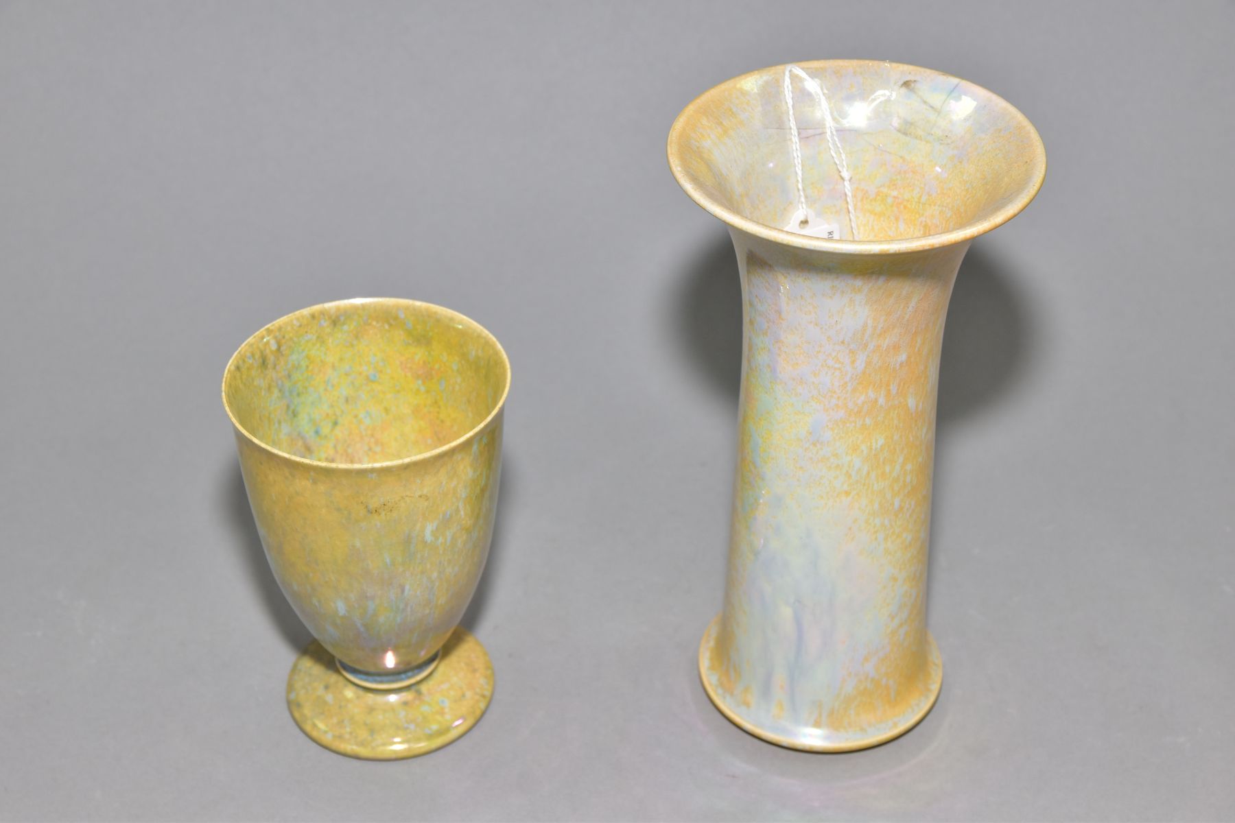 RUSKIN POTTERY, a mottled yellow lustre vase of cylindrical form with flared rim, impressed Ruskin - Image 4 of 6