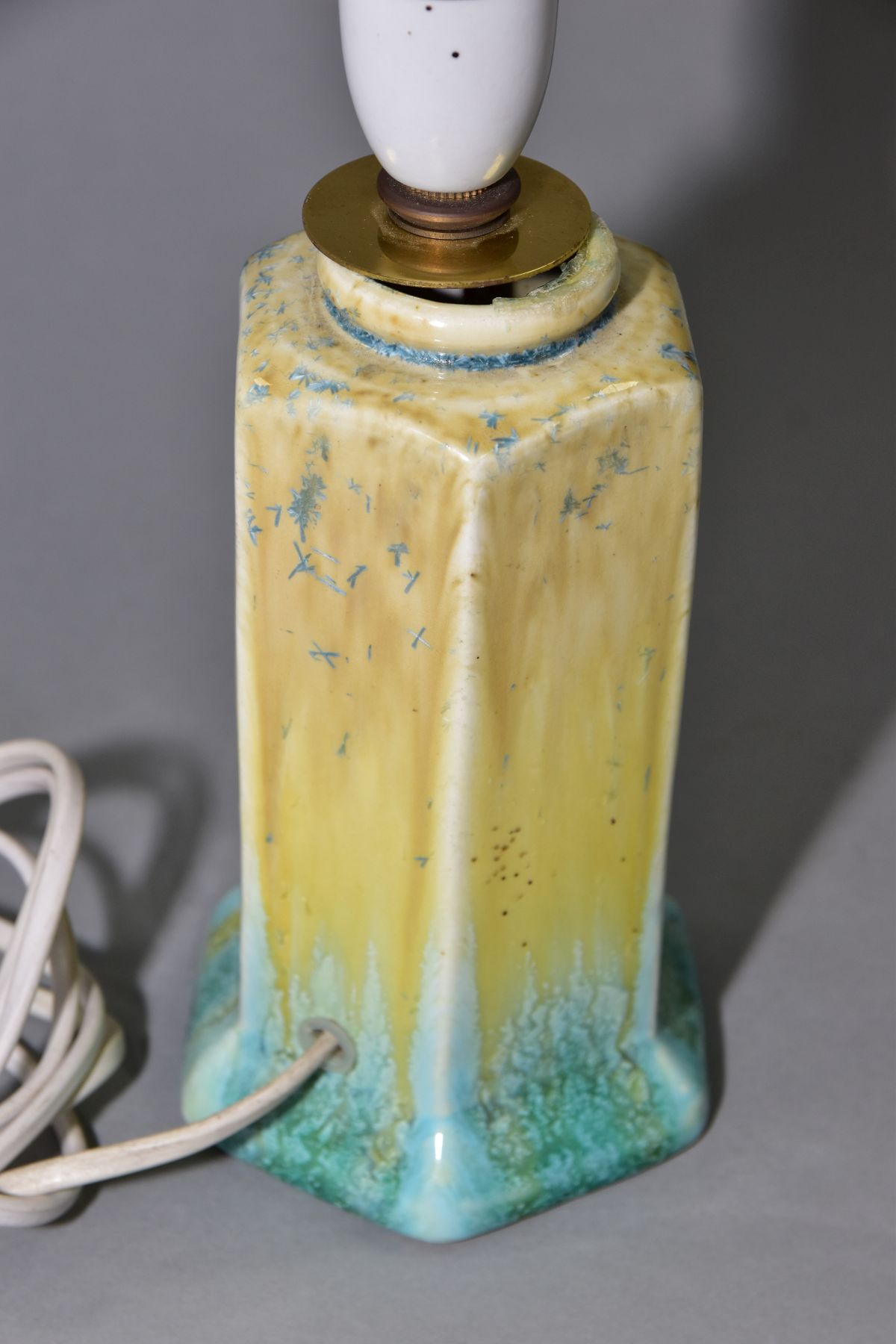 RUSKIN POTTERY, a hexagonal vase converted to a lamp base, yellow and green crystalline glazes, - Image 3 of 4