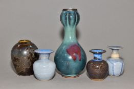 FIVE STUDIO POTTERY VASES comprising a Chinese style garlic mouth vase, approximate height 17.5cm, a