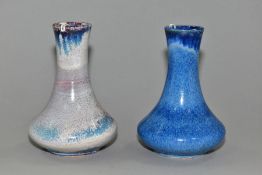 TWO COBRIDGE STONEWARE BALUSTER VASES, both with high fired glazes, one in a mottled blue, the other