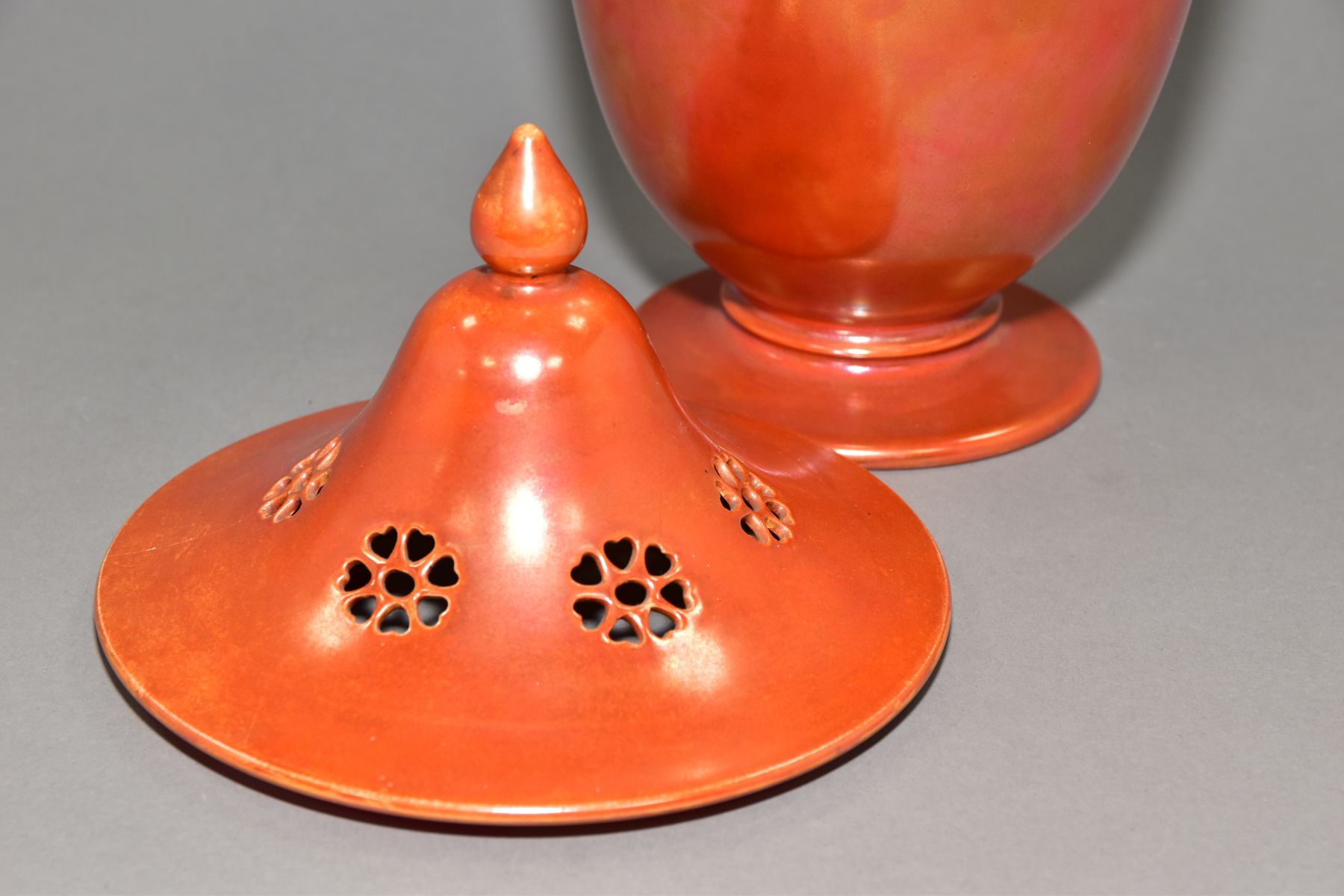 RUSKIN POTTERY, a large orange lustre pot pourri jar with cover, the jar has a ringed foot, - Image 6 of 9