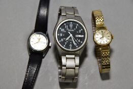 THREE WRISTWATCHES, to include a Seiko automatic ref 7S26-3060, black dial with Arabic numerals, day