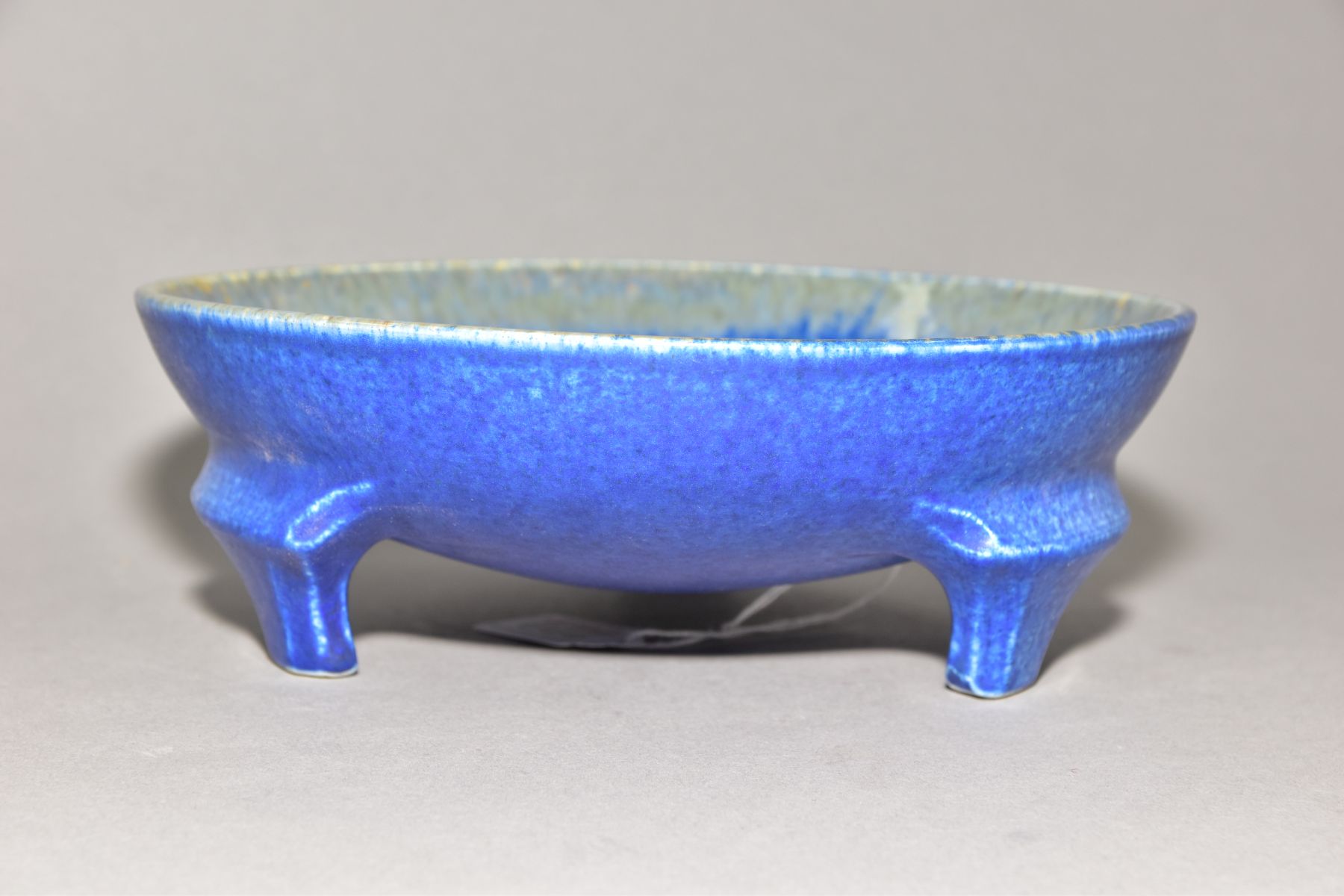 RUSKIN POTTERY a bowl raised on three feet, blue crystalline glaze to the inside surface, - Image 2 of 5