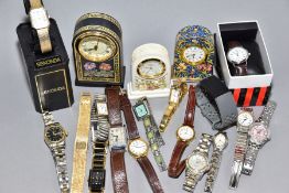 A BOX OF MOSTLY LADIES QUARTZ WRISTWATCHES, etc, including a boxed Sekonda, a grey Fitbit, a gold