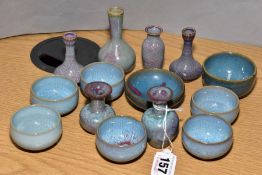 FOURTEEN MINIATURE CHINESE STYLE CERAMICS, comprising four vases with mottled blue/pink glazes,