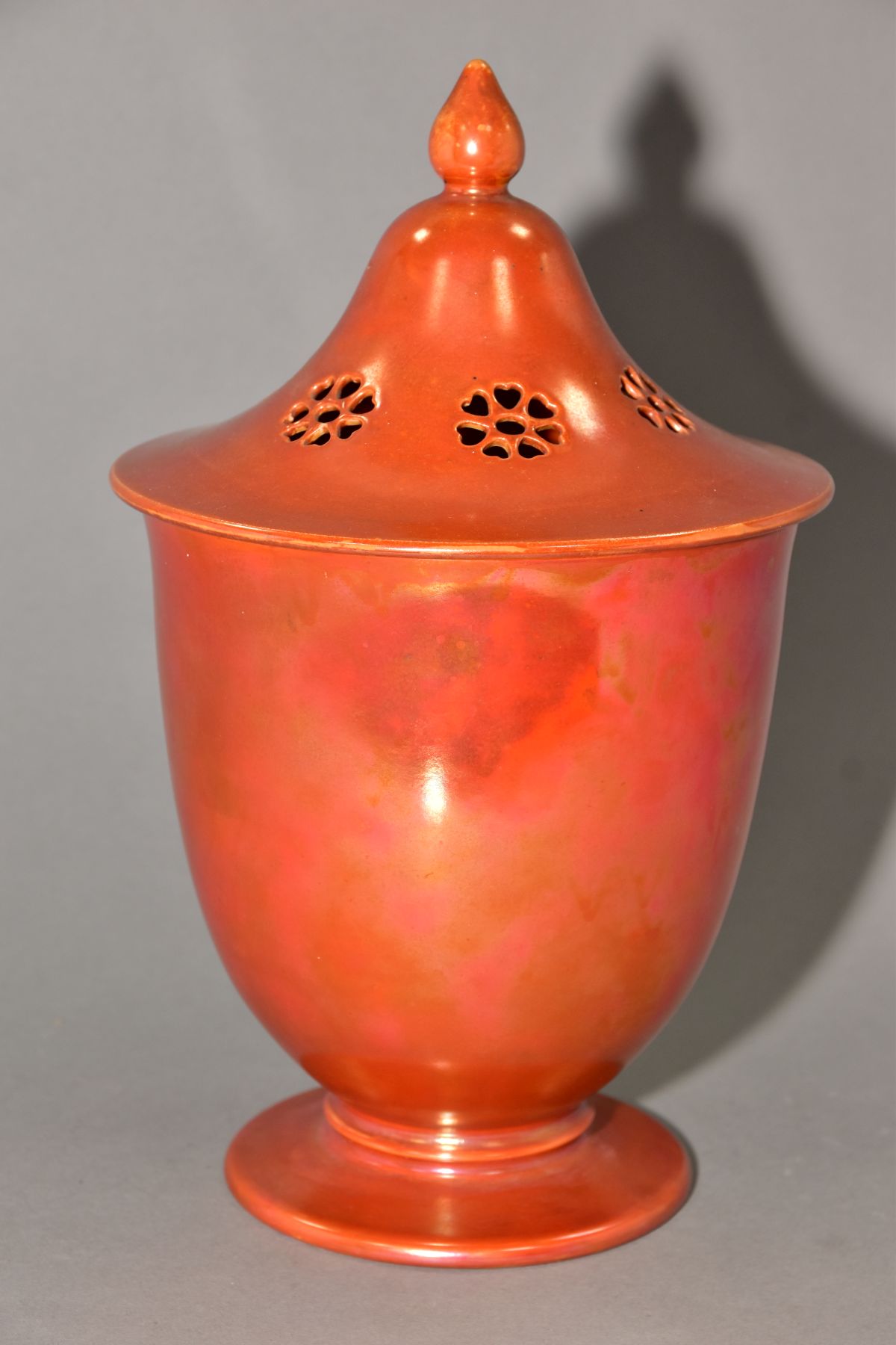 RUSKIN POTTERY, a large orange lustre pot pourri jar with cover, the jar has a ringed foot, - Image 3 of 9