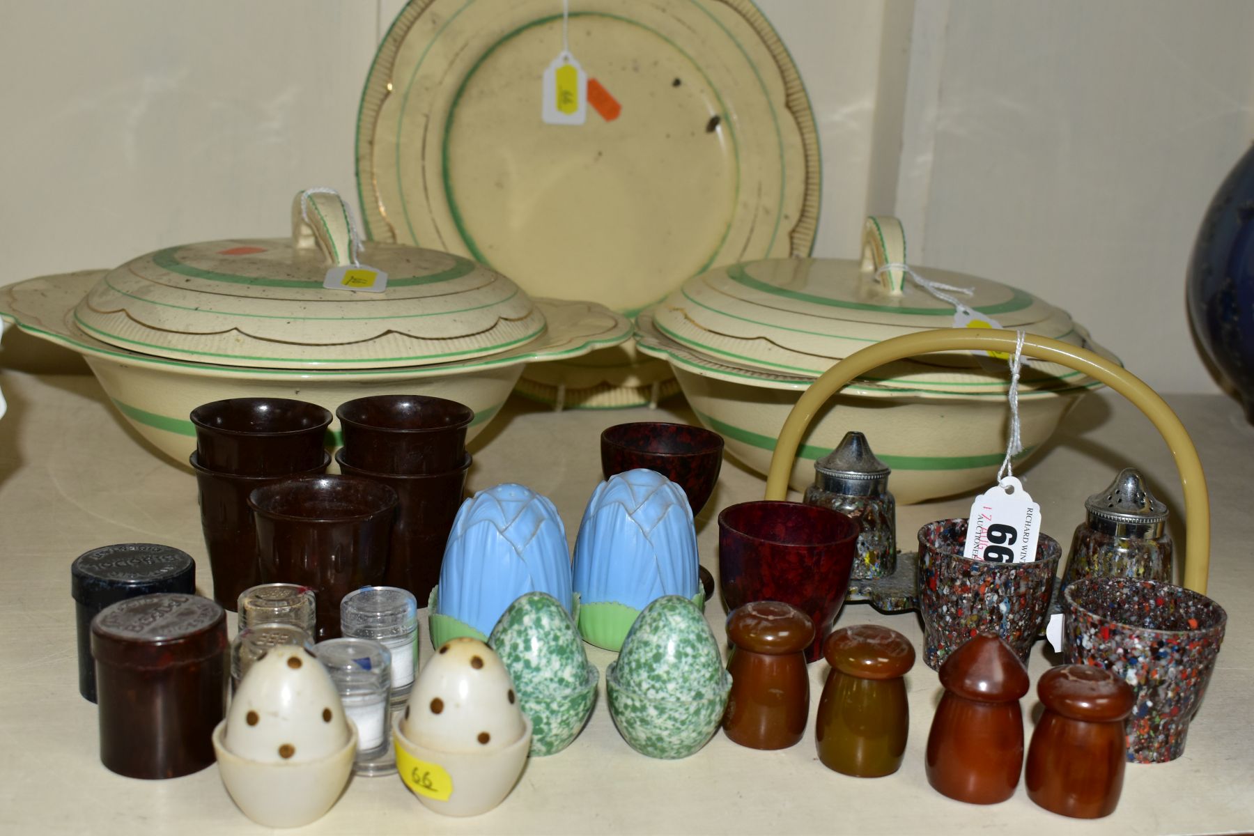 A SMALL COLLECTION OF BAKELITE AND PLASTIC CRUETS, EGG CUPS, etc, a pair of Royal Staffordshire