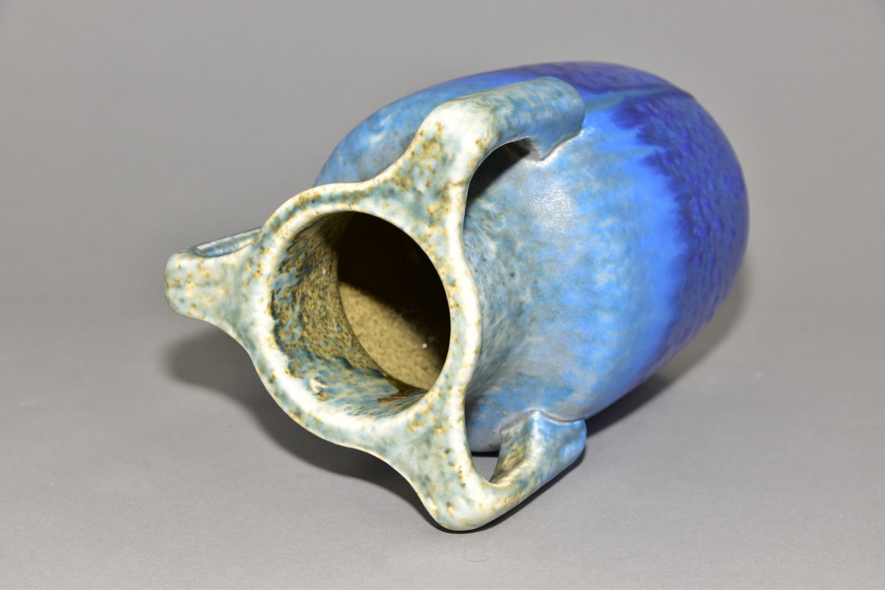 RUSKIN POTTERY, a three handled bottle shaped vase, mottled green fading to blue glaze, inscribed W. - Image 3 of 6