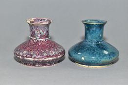 TWO COBRIDGE STONEWARE SQUAT VASES, both with high fired glazes, one in mottled blue/turquoise,