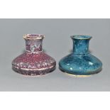 TWO COBRIDGE STONEWARE SQUAT VASES, both with high fired glazes, one in mottled blue/turquoise,