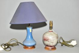 TWO COBRIDGE STONEWARE TABLE LAMPS, comprising a squat baluster example with grey and sang de boeuf,