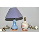 TWO COBRIDGE STONEWARE TABLE LAMPS, comprising a squat baluster example with grey and sang de boeuf,