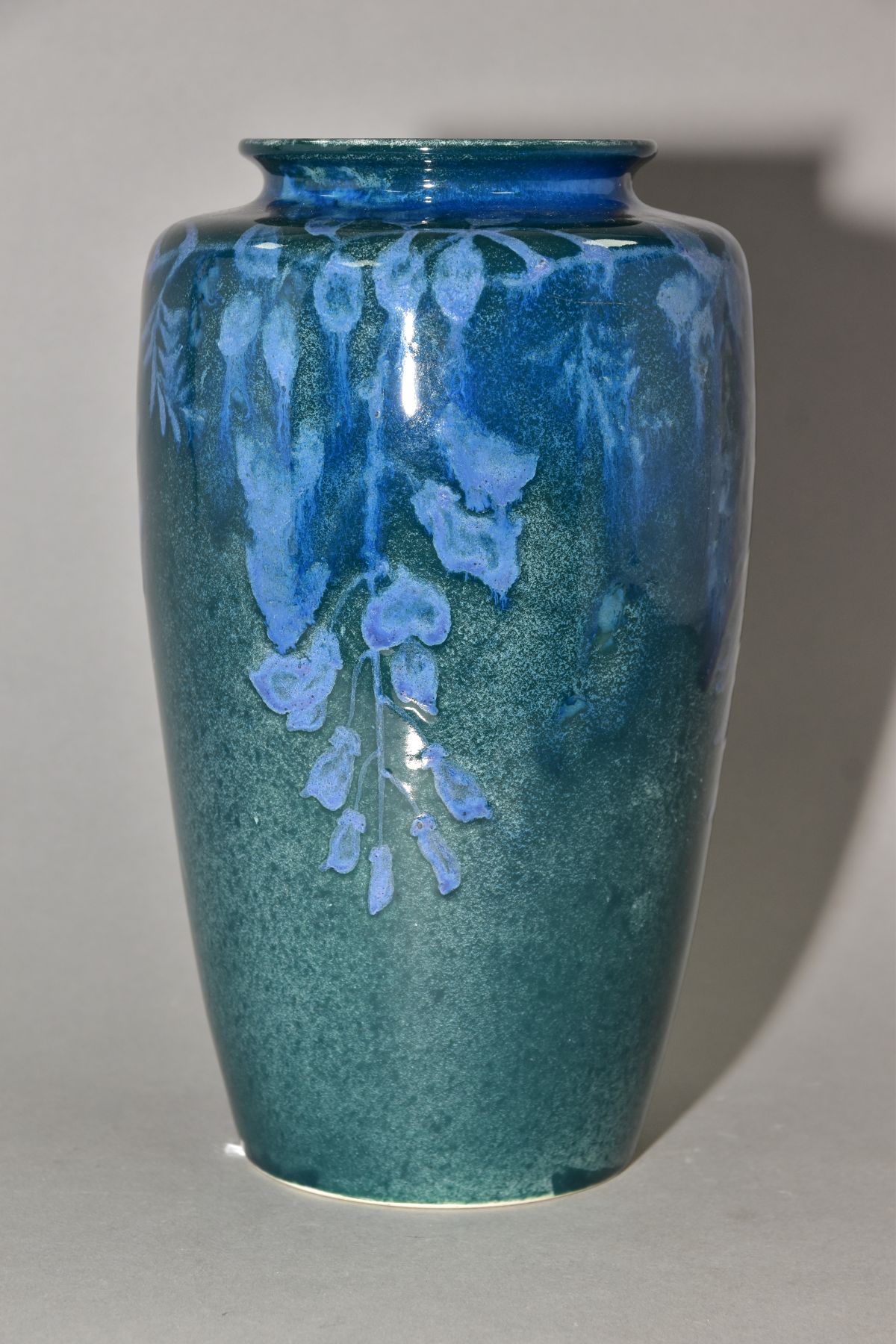 RUSKIN POTTERY, 261 shape vase of high shoulder form, having a dark green mottled glaze with blue - Image 5 of 6