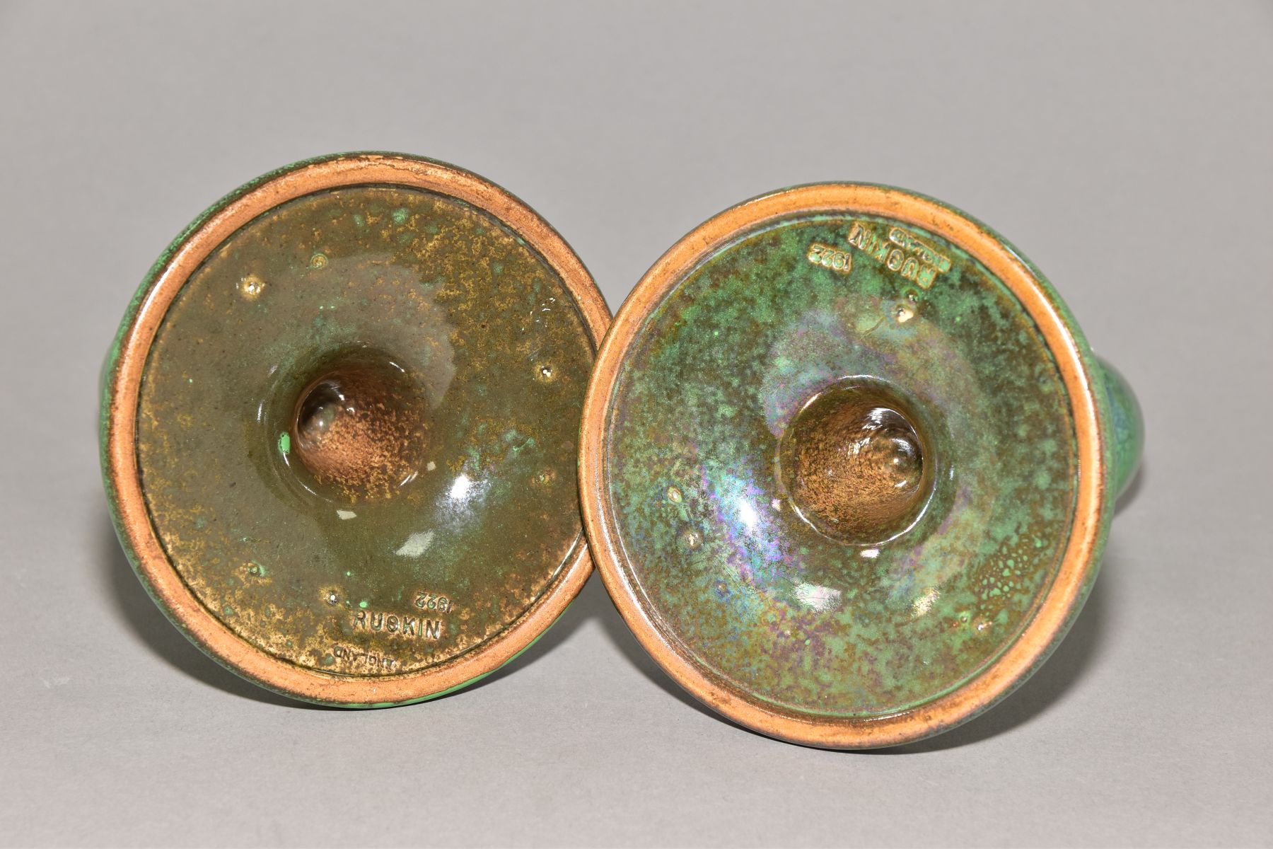 RUSKIN POTTERY, a pair of candlesticks covered in green tea dust glaze, inscribed Ruskin England - Image 5 of 5